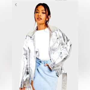 Metallic silver leather moto jacket Petite- Size 16